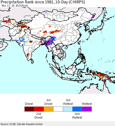 Asia Precipitation Rank since 1981, 10-Day (CHIRPS) Thematic Map For 11/11/2023 - 11/20/2023