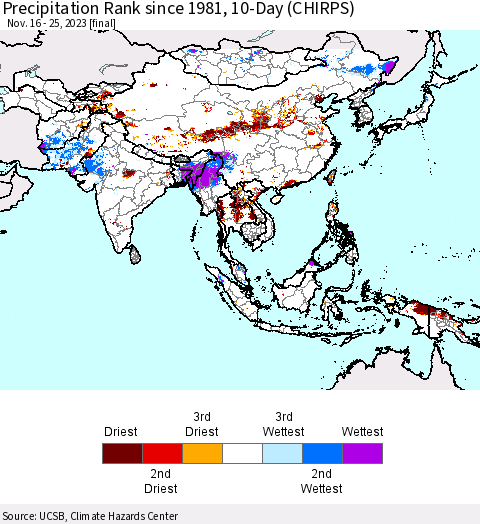 Asia Precipitation Rank since 1981, 10-Day (CHIRPS) Thematic Map For 11/16/2023 - 11/25/2023