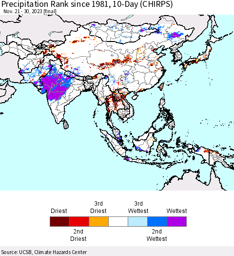 Asia Precipitation Rank since 1981, 10-Day (CHIRPS) Thematic Map For 11/21/2023 - 11/30/2023
