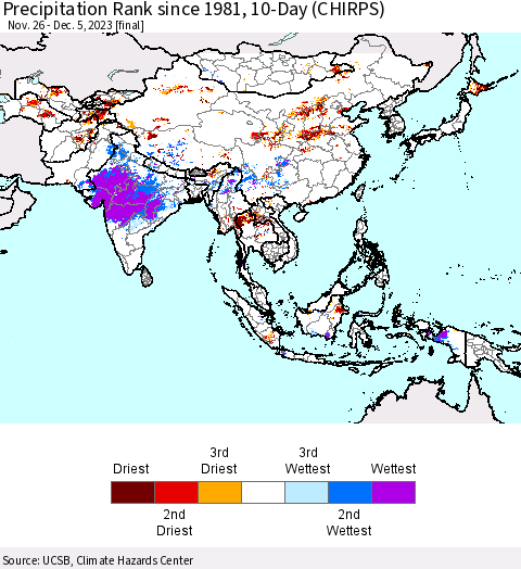 Asia Precipitation Rank since 1981, 10-Day (CHIRPS) Thematic Map For 11/26/2023 - 12/5/2023
