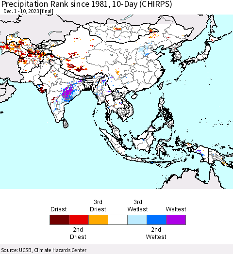 Asia Precipitation Rank since 1981, 10-Day (CHIRPS) Thematic Map For 12/1/2023 - 12/10/2023