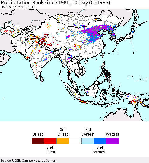 Asia Precipitation Rank since 1981, 10-Day (CHIRPS) Thematic Map For 12/6/2023 - 12/15/2023