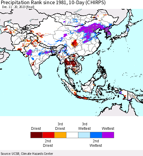 Asia Precipitation Rank since 1981, 10-Day (CHIRPS) Thematic Map For 12/11/2023 - 12/20/2023