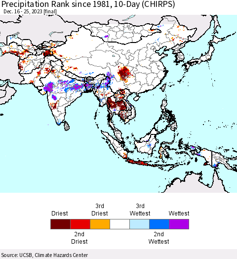 Asia Precipitation Rank since 1981, 10-Day (CHIRPS) Thematic Map For 12/16/2023 - 12/25/2023