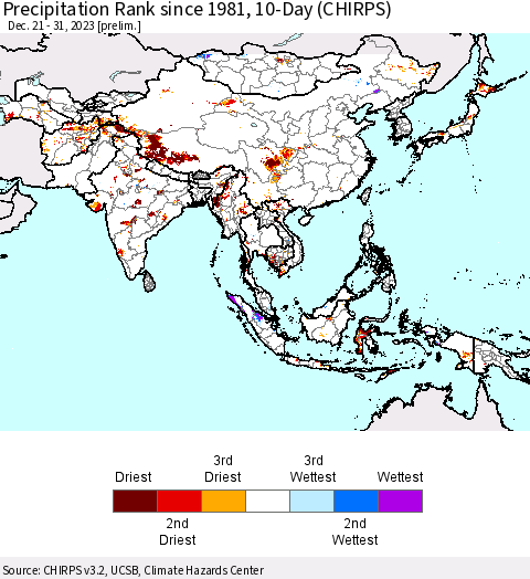 Asia Precipitation Rank since 1981, 10-Day (CHIRPS) Thematic Map For 12/21/2023 - 12/31/2023