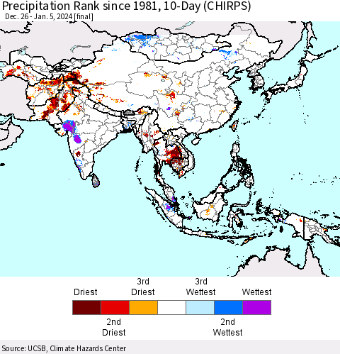 Asia Precipitation Rank since 1981, 10-Day (CHIRPS) Thematic Map For 12/26/2023 - 1/5/2024