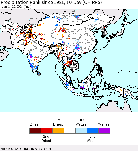 Asia Precipitation Rank since 1981, 10-Day (CHIRPS) Thematic Map For 1/1/2024 - 1/10/2024