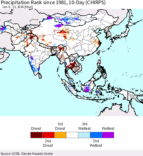 Asia Precipitation Rank since 1981, 10-Day (CHIRPS) Thematic Map For 1/6/2024 - 1/15/2024