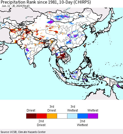 Asia Precipitation Rank since 1981, 10-Day (CHIRPS) Thematic Map For 1/11/2024 - 1/20/2024