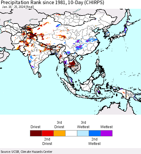 Asia Precipitation Rank since 1981, 10-Day (CHIRPS) Thematic Map For 1/16/2024 - 1/25/2024
