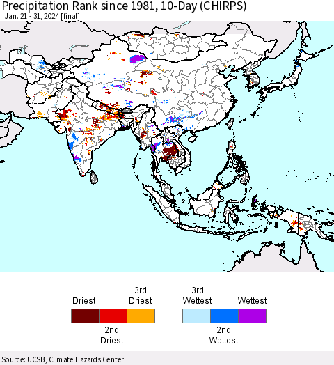 Asia Precipitation Rank since 1981, 10-Day (CHIRPS) Thematic Map For 1/21/2024 - 1/31/2024