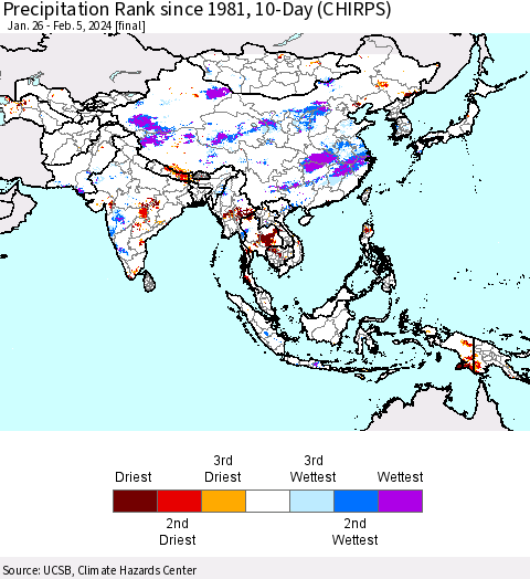 Asia Precipitation Rank since 1981, 10-Day (CHIRPS) Thematic Map For 1/26/2024 - 2/5/2024