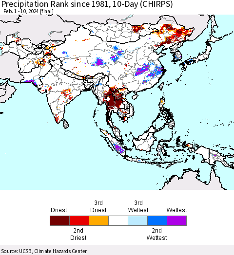 Asia Precipitation Rank since 1981, 10-Day (CHIRPS) Thematic Map For 2/1/2024 - 2/10/2024