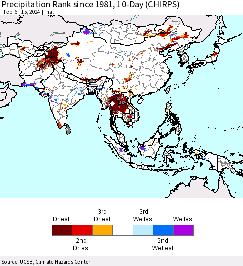 Asia Precipitation Rank since 1981, 10-Day (CHIRPS) Thematic Map For 2/6/2024 - 2/15/2024