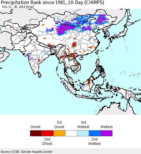 Asia Precipitation Rank since 1981, 10-Day (CHIRPS) Thematic Map For 2/11/2024 - 2/20/2024