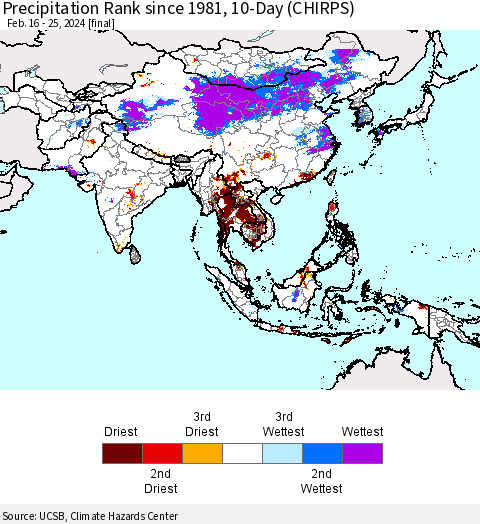 Asia Precipitation Rank since 1981, 10-Day (CHIRPS) Thematic Map For 2/16/2024 - 2/25/2024