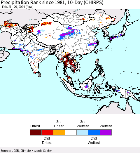 Asia Precipitation Rank since 1981, 10-Day (CHIRPS) Thematic Map For 2/21/2024 - 2/29/2024