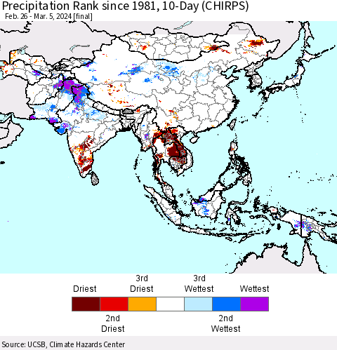 Asia Precipitation Rank since 1981, 10-Day (CHIRPS) Thematic Map For 2/26/2024 - 3/5/2024