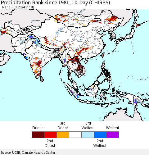 Asia Precipitation Rank since 1981, 10-Day (CHIRPS) Thematic Map For 3/1/2024 - 3/10/2024
