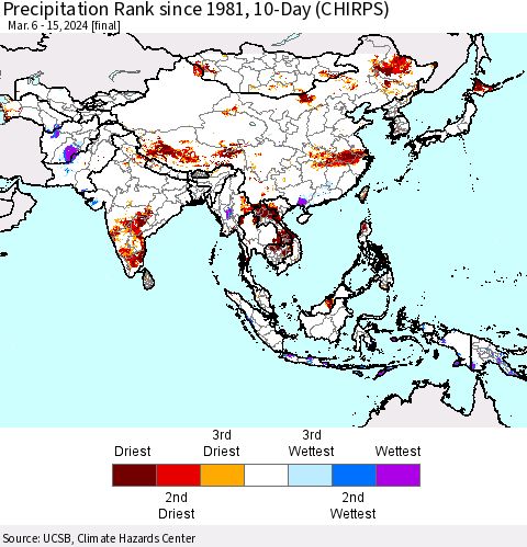 Asia Precipitation Rank since 1981, 10-Day (CHIRPS) Thematic Map For 3/6/2024 - 3/15/2024
