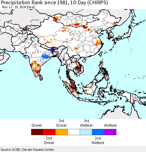 Asia Precipitation Rank since 1981, 10-Day (CHIRPS) Thematic Map For 3/11/2024 - 3/20/2024