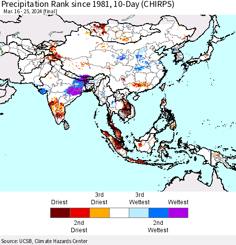 Asia Precipitation Rank since 1981, 10-Day (CHIRPS) Thematic Map For 3/16/2024 - 3/25/2024