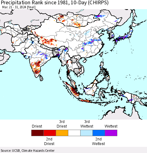 Asia Precipitation Rank since 1981, 10-Day (CHIRPS) Thematic Map For 3/21/2024 - 3/31/2024