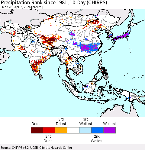Asia Precipitation Rank since 1981, 10-Day (CHIRPS) Thematic Map For 3/26/2024 - 4/5/2024