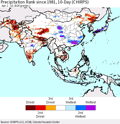 Asia Precipitation Rank since 1981, 10-Day (CHIRPS) Thematic Map For 4/1/2024 - 4/10/2024