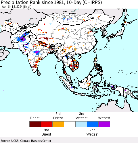 Asia Precipitation Rank since 1981, 10-Day (CHIRPS) Thematic Map For 4/6/2024 - 4/15/2024