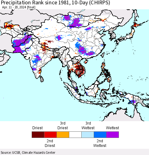 Asia Precipitation Rank since 1981, 10-Day (CHIRPS) Thematic Map For 4/11/2024 - 4/20/2024