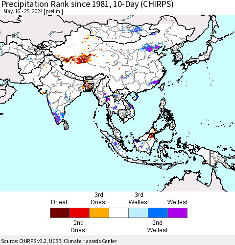 Asia Precipitation Rank since 1981, 10-Day (CHIRPS) Thematic Map For 5/16/2024 - 5/25/2024