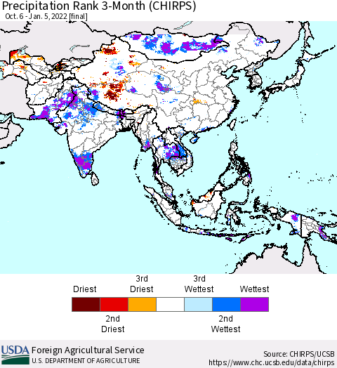 Asia Precipitation Rank since 1981, 3-Month (CHIRPS) Thematic Map For 10/6/2021 - 1/5/2022