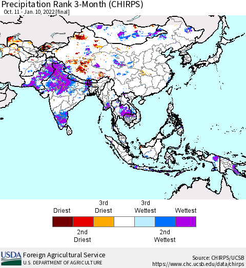 Asia Precipitation Rank since 1981, 3-Month (CHIRPS) Thematic Map For 10/11/2021 - 1/10/2022