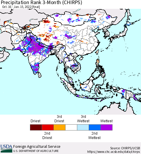 Asia Precipitation Rank since 1981, 3-Month (CHIRPS) Thematic Map For 10/16/2021 - 1/15/2022