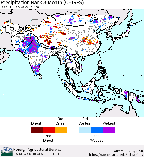 Asia Precipitation Rank since 1981, 3-Month (CHIRPS) Thematic Map For 10/21/2021 - 1/20/2022