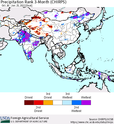 Asia Precipitation Rank since 1981, 3-Month (CHIRPS) Thematic Map For 10/26/2021 - 1/25/2022