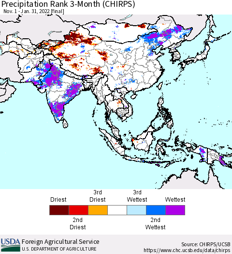 Asia Precipitation Rank since 1981, 3-Month (CHIRPS) Thematic Map For 11/1/2021 - 1/31/2022