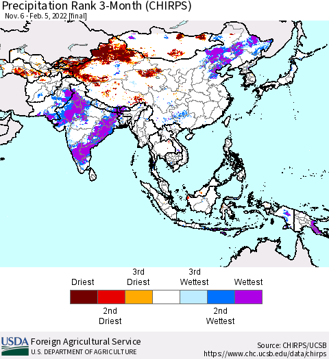 Asia Precipitation Rank since 1981, 3-Month (CHIRPS) Thematic Map For 11/6/2021 - 2/5/2022