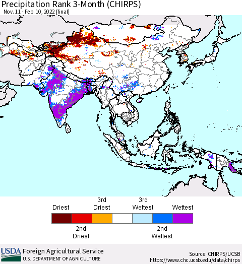 Asia Precipitation Rank since 1981, 3-Month (CHIRPS) Thematic Map For 11/11/2021 - 2/10/2022