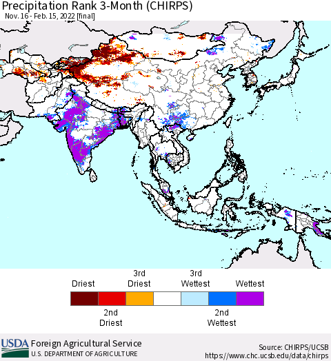 Asia Precipitation Rank since 1981, 3-Month (CHIRPS) Thematic Map For 11/16/2021 - 2/15/2022