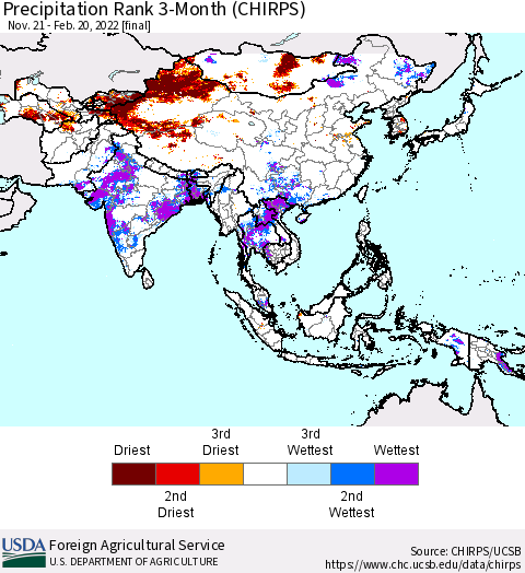 Asia Precipitation Rank since 1981, 3-Month (CHIRPS) Thematic Map For 11/21/2021 - 2/20/2022