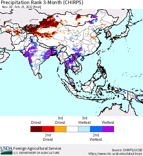 Asia Precipitation Rank since 1981, 3-Month (CHIRPS) Thematic Map For 11/26/2021 - 2/25/2022