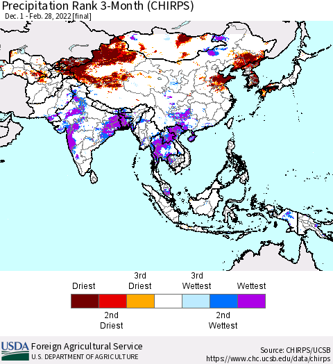 Asia Precipitation Rank since 1981, 3-Month (CHIRPS) Thematic Map For 12/1/2021 - 2/28/2022
