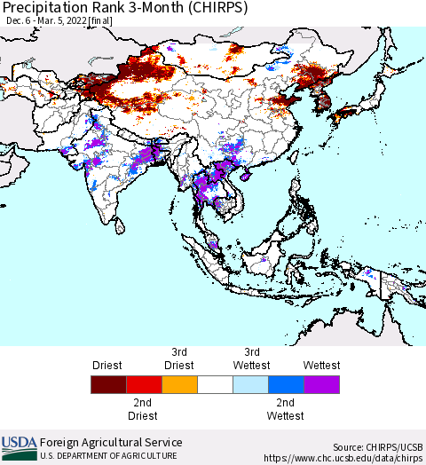 Asia Precipitation Rank since 1981, 3-Month (CHIRPS) Thematic Map For 12/6/2021 - 3/5/2022