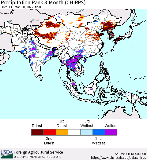 Asia Precipitation Rank since 1981, 3-Month (CHIRPS) Thematic Map For 12/11/2021 - 3/10/2022