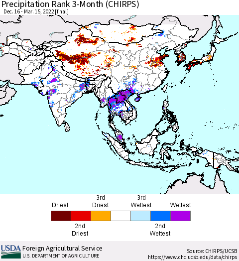 Asia Precipitation Rank since 1981, 3-Month (CHIRPS) Thematic Map For 12/16/2021 - 3/15/2022