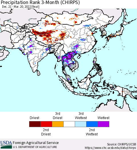 Asia Precipitation Rank since 1981, 3-Month (CHIRPS) Thematic Map For 12/21/2021 - 3/20/2022
