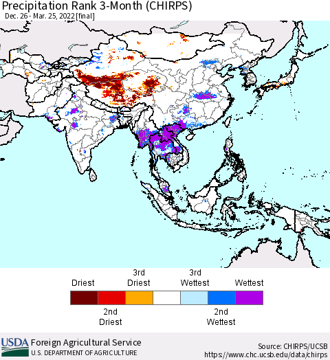 Asia Precipitation Rank since 1981, 3-Month (CHIRPS) Thematic Map For 12/26/2021 - 3/25/2022