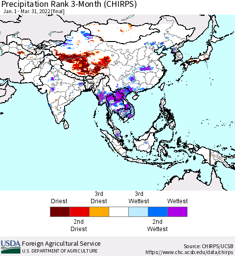 Asia Precipitation Rank since 1981, 3-Month (CHIRPS) Thematic Map For 1/1/2022 - 3/31/2022